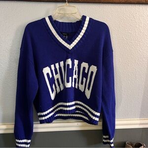 Forever 21 Blue & White V-Neck 'CHICAGO' Knit Sweater